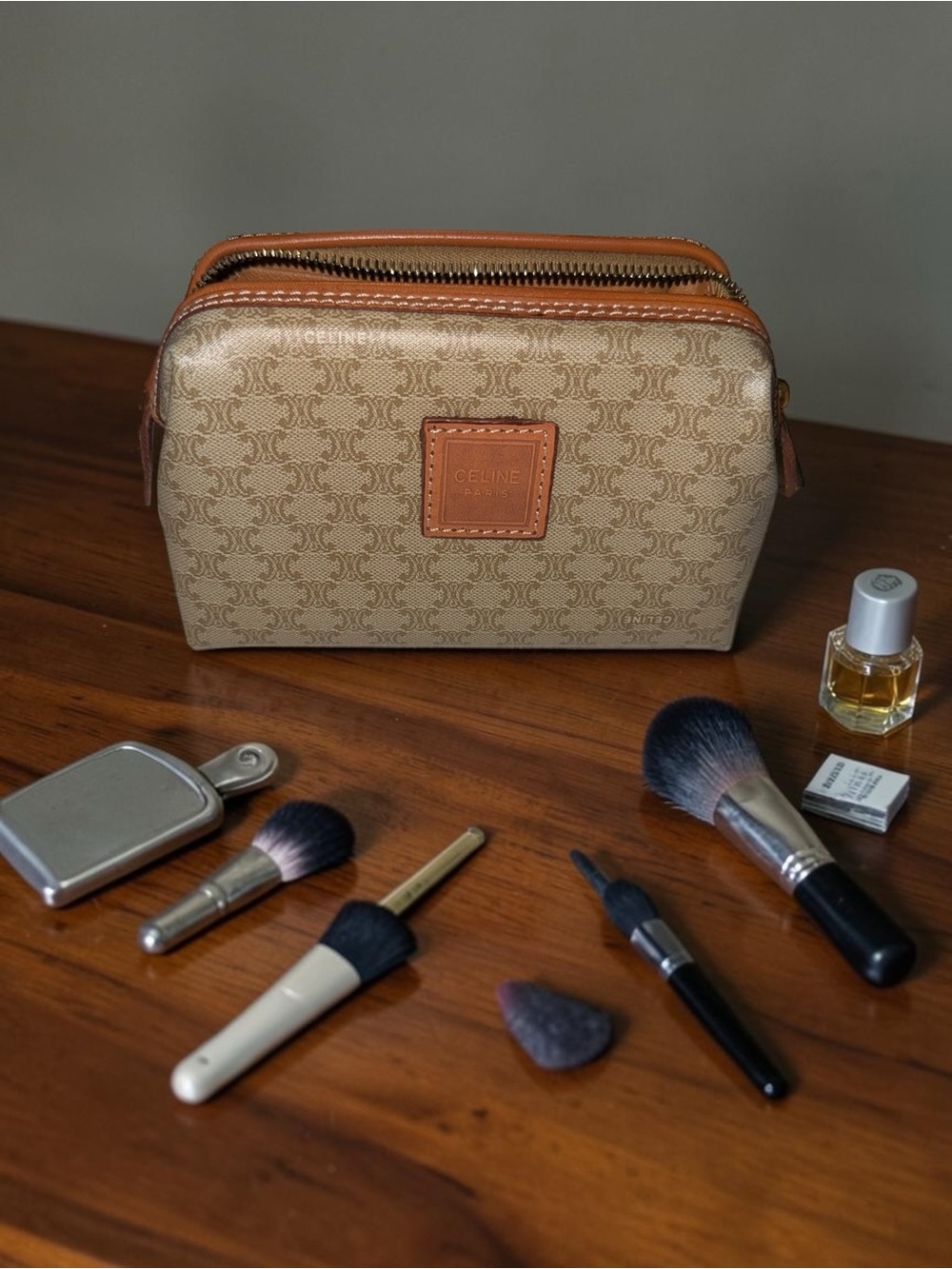 Celine small makeup bag w/ top zipper closure. - Picture 5 of 11